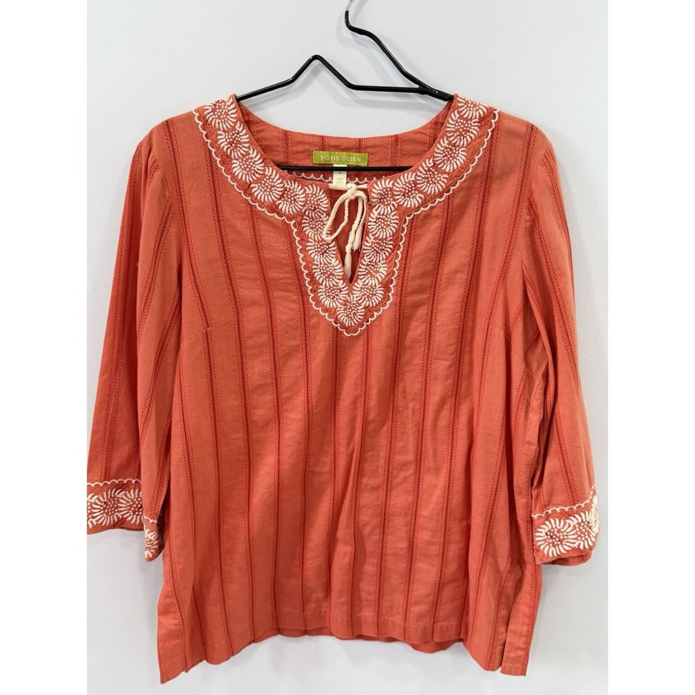 Sigrid Olsen Coral Embroidered Cotton Peasant Boho Top Medium Tunic Tee - Picture 6 of 10